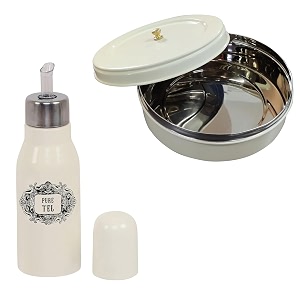 elan combo of roti papad box and oil dispenser  food safe stainless steel with off white finish  multipurpose kitchen storage container  pack of 2