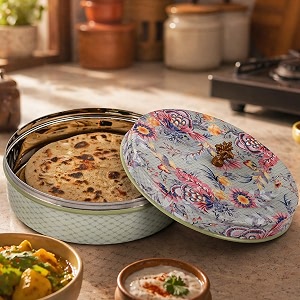 elan gingham amp blooms tight lid stainless steel colorful storage box for rotipapadchapati  multipurpose dabba with lid  roti server diwali gift casserole fern green