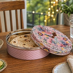 elan stainless steel roti box chapati colorful design with lid ideal for serving and storing rotis papads dry food and candies  eco-friendly lightweight durable amp easy to open casserolenude