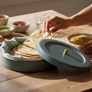 elan stainless steel round rotichapatti box  elegant design  food grade  ideal for papadbreadsnak storage  easy to open  tight lid diwali gift casserole moss green