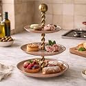 livingwithelan Elan Panthera Embossed Knob 3 Tier Round Midl Steel Cupcake Stand, Multipurpose Serving Dessert Platter for Party Wedding (Dusty Rose)