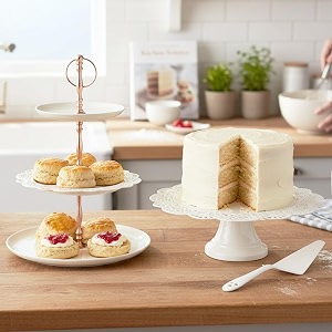 livingwithelan elan special discounted combo of flourish 3 tier cake stand and scallop cake stand for birthday wedding anniversary off white steel pack of 2
