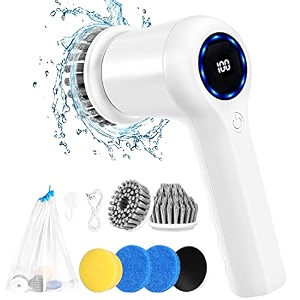 electric cleaning brush for bathroom car and kitchen - handheld power spin scrubber with 5 heads and 2 modes - wireless battery-powered - white
