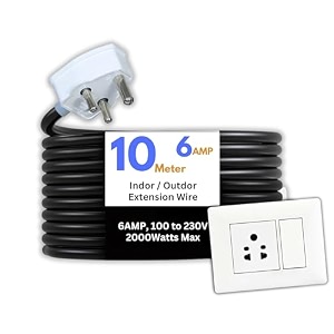 hoopvool electric heavy duty extention board 6a for indoor amp outdoor use cable with 3-pin small plug and multi-socket supports 100-230v 2000 watts 2000w 6a small plug 10 m
