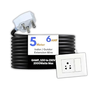 hoopvool electric heavy duty extention board 6a for indoor amp outdoor use cable with 3-pin small plug and multi-socket supports 100-230v 2000 watts 2000w 6a small plug 5 m