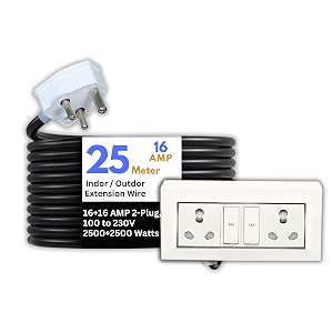 hoopvool electric heavy duty extention switch board 1616a for indoor amp outdoor use cable with 3-pin plug and multi-socket board supports 100-230v 2500w2500w 16a16a with switch 25 m