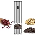 Electric Pepper Grinder & Salt Mill - Battery Operated Stainless Steel Body with Transparent Container LED Light One-Hand Operation Push-Button Switch Adjustable Coarseness Easy Refill & Clean