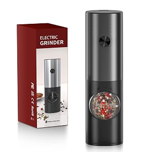 electric salt and pepper grinder set eagmak battery powered automatic 70ml pepper mill grinders stainless steel mill shakers with adjustable coarseness led light amp storage base 1 packdark grey