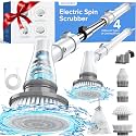 Electric Spin Scrubber with Battery Power Display, Fast-Charging Cordless Shower Scrubber with Long Handle, 4 Replaceable Brush Head, 1.5H & 2 Speeds Electric Scrubber(Grey)
