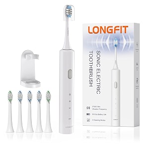 electric toothbrush for adult ultrasonic longfit basic 90 days standby 37000vpm clean massage sensitive modes with 5 replacement toothbrush heads