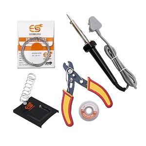electronic spices 5 in 1 combo of 60 watt soldering iron desoldering wik soldering wire cutter and iron stand