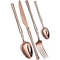 Elegant Handle Rose Gold 4 Pcs Stainless Steel Cutlery Set for Dining Table, Dishwasher Safe Glossy Flatware (1 Spoon Set+1 Forks Set+1 Butter Knife+1 Dessert Spoon)