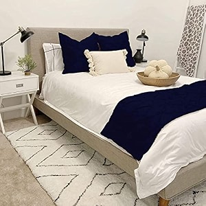 100 cotton 3 piece pinch pleated bed runner set decorative bed scarf amp cushion covers queen size 90  25 inches navy blue