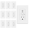 ELEGRP GFCI Outlet with USB Ports, 15 Amp Self-Test GFCI Combination with Dual USB C Ports, 24W Max Total Output, Tamper Resistant GFCI USB Outlet with Wall Plate, UL Listed, Matte White, 10 Pack