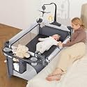 ELEMARA Baby Bassinet Bedside Crib, 1-Second Set up Bedside Bassinet with Diaper Changer, Mattress, Portable Crib with 3 Adjustable Height, Portable Crib with Storage/Toy Bar/Zip Door, Gray