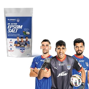 elemnt dr active epsom salt for pain relief amp muscle recovery - bengaluru fc edition  100 magnesium sulfate with camphor  epsom bath salt for foot cramps leg pain relief  400 gm