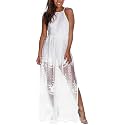 Eleter Women's Deep V-Neck Lace Romper Short Sleeve Long Dress