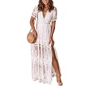 Eleter Women's Deep V-Neck Lace Romper Short Sleeve Long Dress