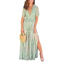Eleter Women's Deep V-Neck Lace Romper Short Sleeve Long Dress