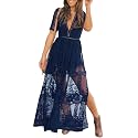Eleter Women's Deep V-Neck Lace Romper Short Sleeve Long Dress