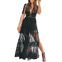 Eleter Women's Deep V-Neck Lace Romper Short Sleeve Long Dress