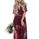 Eleter Women's Deep V-Neck Lace Romper Short Sleeve Long Dress