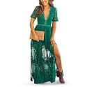 Eleter Women's Deep V-Neck Lace Romper Short Sleeve Long Dress