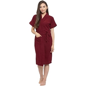 elevanto mehroon premium dry tech terry material half sleeve with front pocket bathrobe for womens