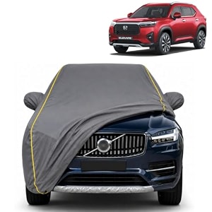 elevate 100 waterproof car cover  dustproof sun protection cover  soft cotton lining  triple stitched  mirror pocket  antenna pocket  all weather body cover grey with yellow piping