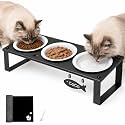Elevated Cat Bowls with Mat for Kitten Puppy, 10° Tilted Raised Cat Food &amp; Water Bowl Stand Anti-Vomiting, 3 Wide Shallow Ceramic Bowls, Whisker Friendly, 3.5" Tall