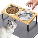 Elevated Cat Food Bowls with Mat, 2 Stainless Steel Raised Cat Food and Water Bowls, 15 Tilted Stand Anti Vomitting, Whisker Fatigue, Dishwasher Safe Cat Bowl