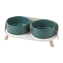 Elevated Ceramic Dog Bowl Set - Double Dog Feeding Bowls with Stand Splash Proof - Raised Dishes for Food and Water - Ideal for Small to Medium Dogs - 2 x 720 ml - 11.3 oz - Green