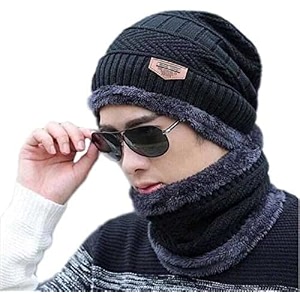winter knit beanie woolen cap hat and neck warmer scarf set for men amp women 2 piece black
