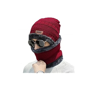 winter knit beanie woolen cap hat and neck warmer scarf set for men amp women 2 piece red