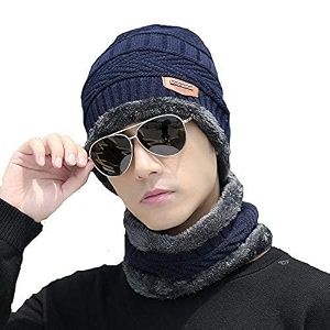 winter knit beanie woolen cap hat and neck warmer scarf set for men amp women 2 piece blue