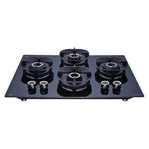 elica 60cm 4 burner auto ignition hob  crown flexi 460 lotus ind hd brass  sabaf triple ring brass burners  8mm toughened glass  windshield grid  10-year burner warranty