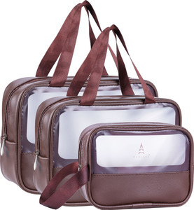 elightway mart set of 3 multipurpose wash bags with transparent window  zipper closure brown