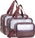 ELIGHTWAY MART Set of 3 Multipurpose Wash Bags with Transparent Window & Zipper Closure (Brown)