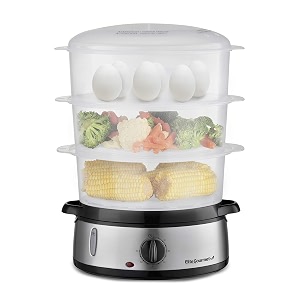 elite gourmet maxi-matic electric food vegetable steamer with bpa-free 3 tier stackable nested basket trays auto shut-off 60-min timer 800w 95 quart stainless steel