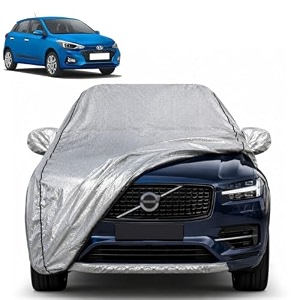elite i20 100 waterproof car cover  dustproof sun protection cover  soft cotton lining  triple stitched  mirror pocket  antenna pocket  all weather body cover silver with yellow piping
