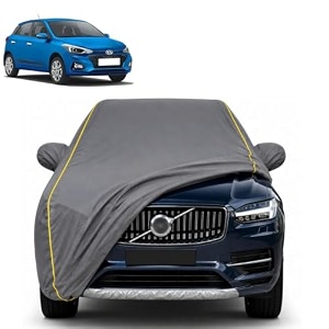 elite i20 100 waterproof car cover  dustproof sun protection cover  soft cotton lining  triple stitched  mirror pocket  antenna pocket  all weather body cover grey with yellow piping