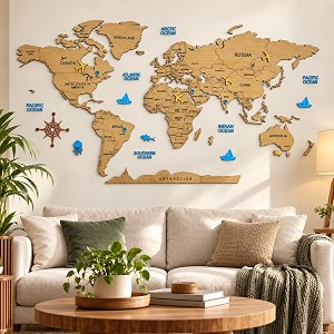 elk 3d wooden world map wall decor gold for home office size xxl 255x145cm