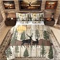 Elk Deer Bed in a Bag Queen Comforter Set 7 Piece, Christmas Reindeer Pine Trees Bedding Sets Farmhouse Decor Rustic Barn Door Comforter and Sheet Set, Retro CountrysideRoom Decor, Cream Brown