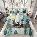 Elk Deer Bed in a Bag Queen Comforter Set 7 Piece, Christmas Reindeer Pine Trees Bedding Sets Farmhouse Arts Rustic Barn Door Comforter and Sheet Set, Vintage Countryside Room Decor, Green Blue