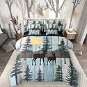 Elk Deer Bed in a Bag Queen Comforter Set 7 Piece, Christmas Reindeer Bedding Sets Farmhouse Arts Rustic Barn Door Comforter and Sheet Set, Vintage Countryside Wood Board Room Decor, Blue Teal