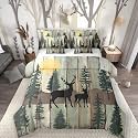 Elk Deer Bed in a Bag Queen Comforter Set 7 Piece, Christmas Reindeer Bedding Sets Farmhouse Decor Rustic Barn Door Comforter and Sheet Set, Retro Countryside Hunting Room Decor, Olive Brown
