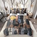 Elk Deer Comforter Set 7 Piece Bed in a Bag Twin, Christmas Reindeer Pine Trees Bedding Sets Farmhouse Decor Rustic Barn Door Comforter and Sheet Set, Countryside Hunting Room Decor, Blue Brown