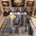 Elk Deer Comforter Set 7 Piece Bed in a Bag Twin, Farmhouse Decor Rustic Barn Door Bedding Sets Reindeer Pine Trees Comforter and Sheet Set, Country Woodland Animals Room Decor, Brown Blue