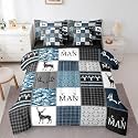Elk Deer Full Size Bed Sheets and Comforter Set, Teal Blue Camouflage 7 Piece Bedding Set Vintage Black Buffalo Checked Plaid Bed in a Bag, Reindeer Antler Patchwork Country Cabin Rustic Bed Sets