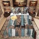Elk Deer King Size Comforter Set with Sheets, Christmas Reindeer Pine Trees 7 Piece Bedding Set Farmhouse Decor Rustic Barn Door Bed in a Bag, Retro Countryside Rural Hunting Bed Sets, Brown Green